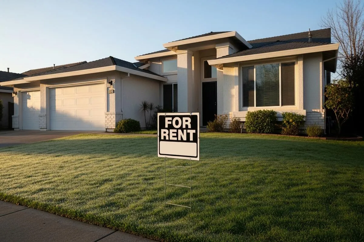 A modern suburban home with a 'for rent' sign on the lawn, suggesting a property originally meant for sale is now being leased.