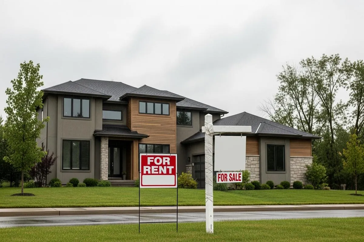 A suburban home with a for-rent sign, hinting at a recent change from being for sale.
