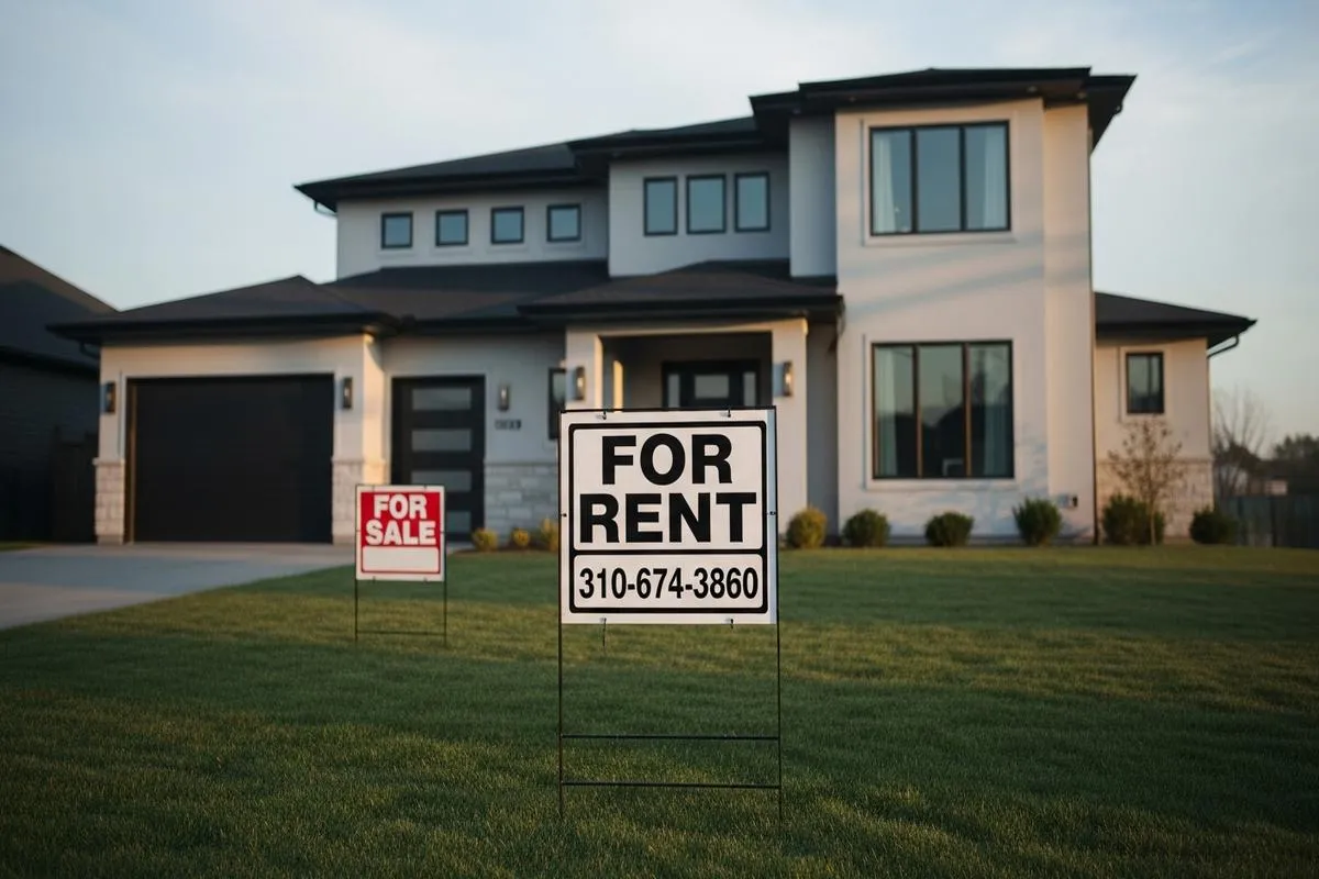 A suburban home with both for-sale and for-rent signs visible, symbolizing the indecision in the housing market.