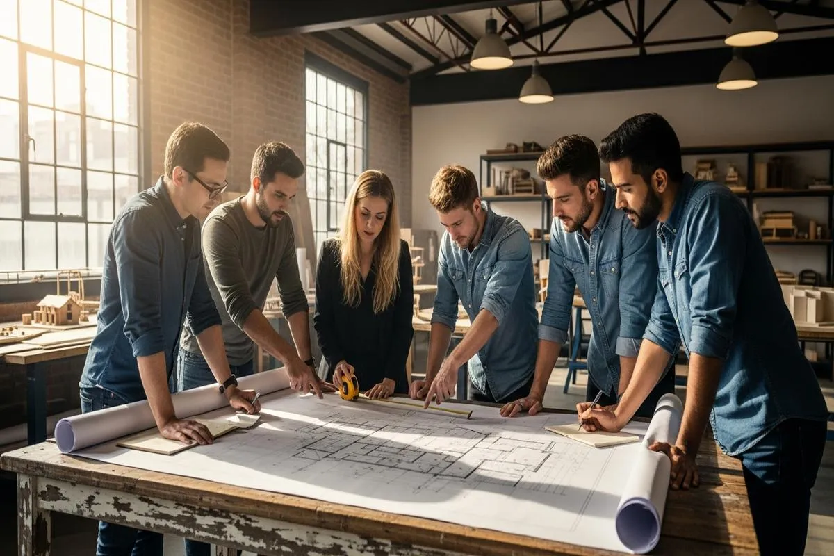 Engineers working together on a physical blueprint in a sunny workshop.