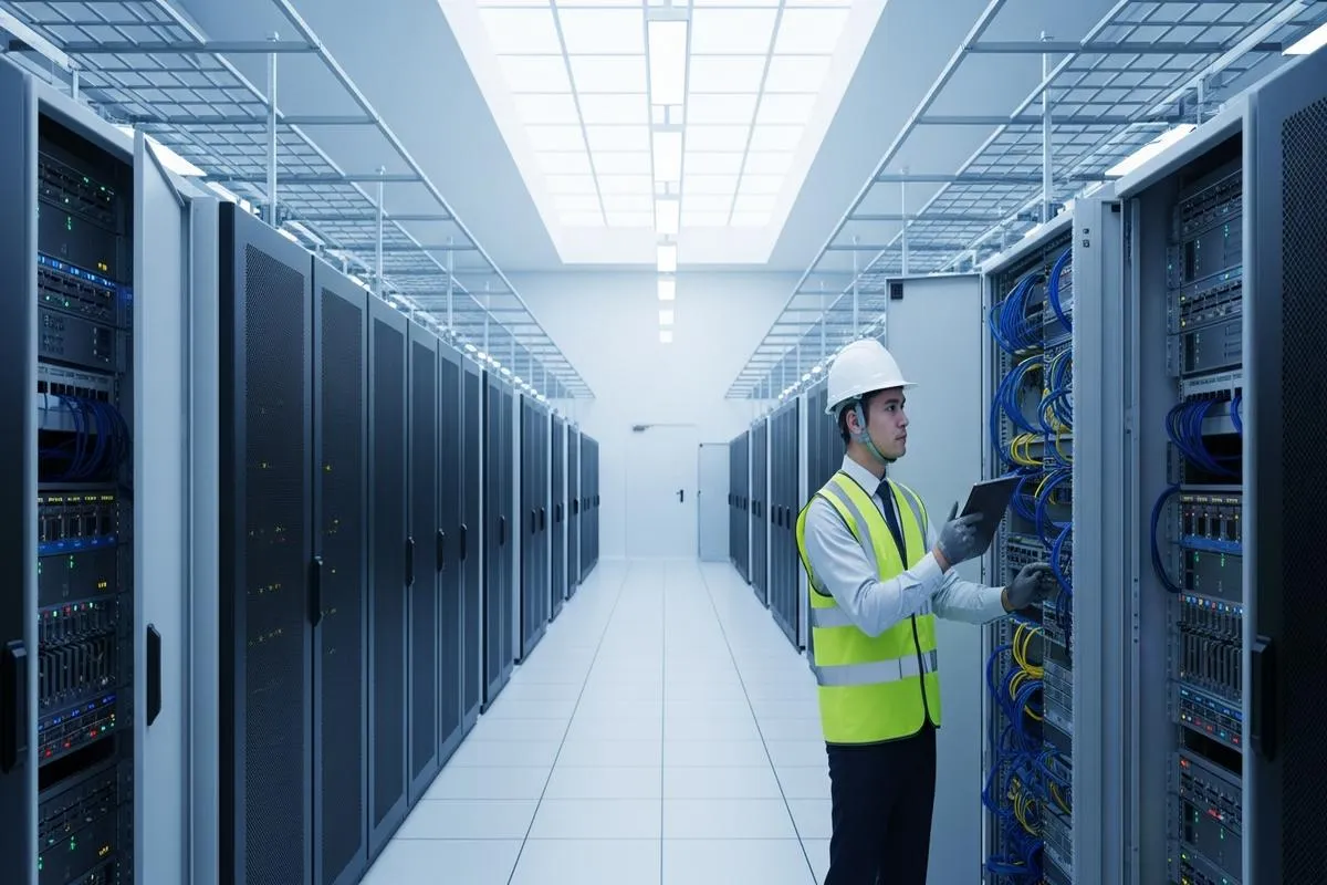 An engineer inspects wiring in a modern data center server room illuminated by cool blue light and morning sun.