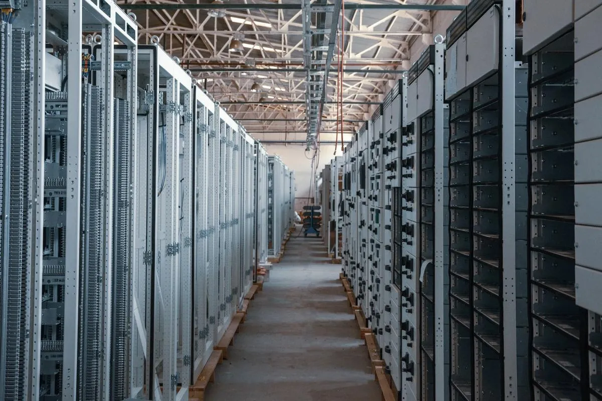 Rows of server racks inside a data center