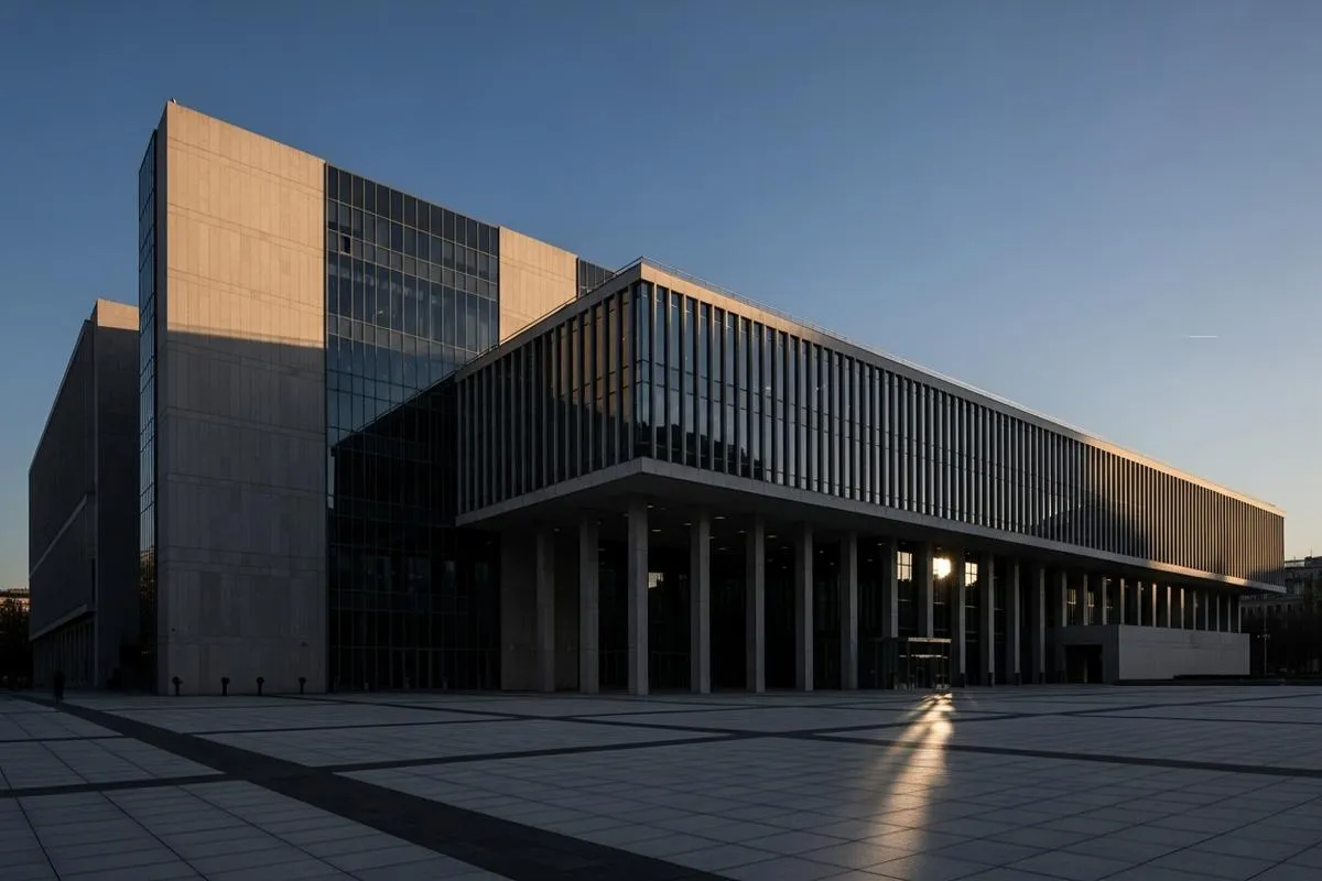A modern government treasury building with stark architectural lines under a clear dawn sky.