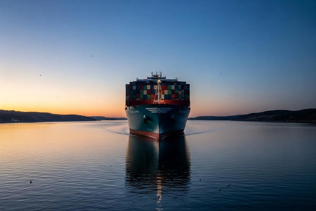 A large container ship is still in the water of a narrow strait, suggesting a halt in global trade.