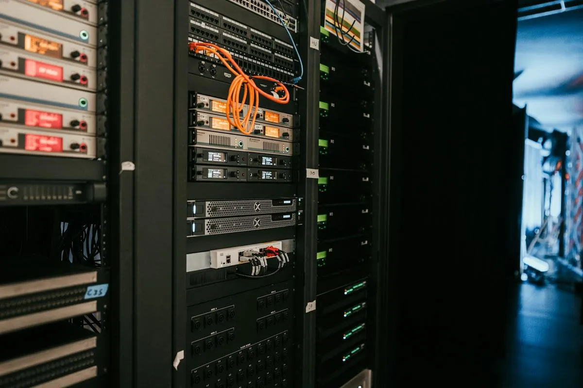 Rows of servers inside an AI data center