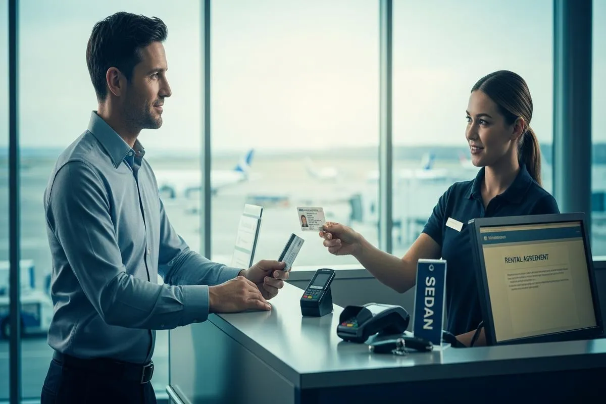 A person renting a car at a brightly lit airport rental counter.