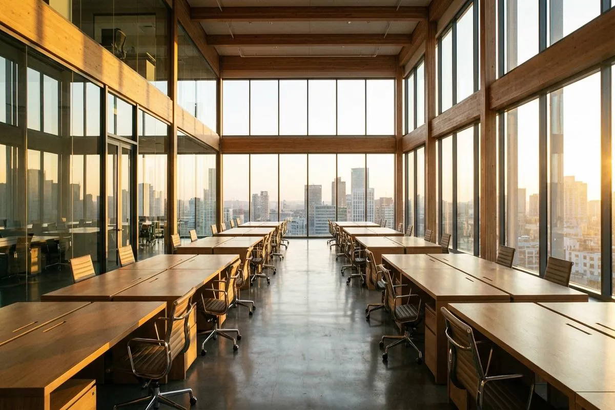 Rows of empty desks in a sunlit modern office symbolizing the discrepancy in employment data.