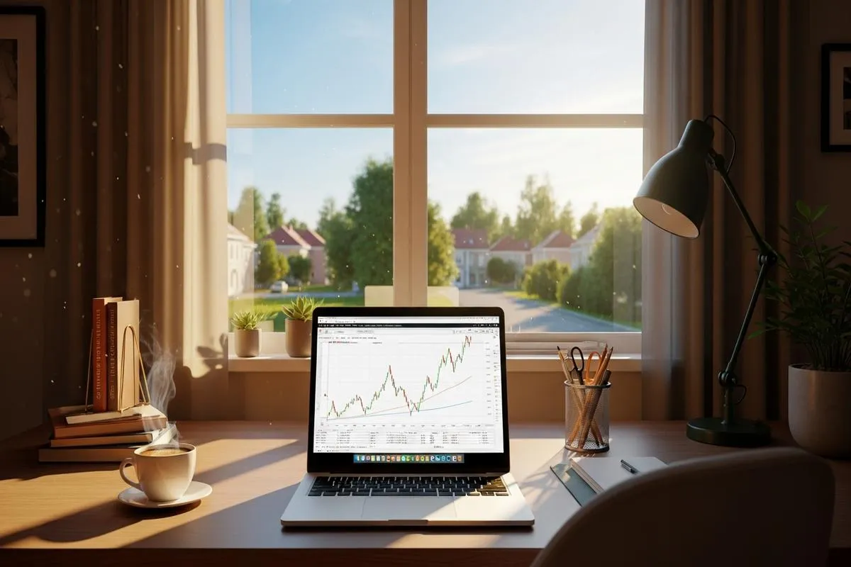 A home office with a laptop showing financial charts, overlooking a quiet suburban neighborhood.