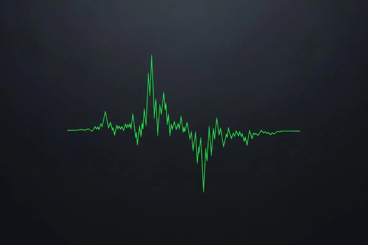 A minimalist digital graph showing a stock ticker line with extreme upward and downward spikes, representing market volatility.