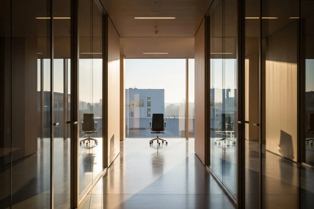 A minimalist modern office corridor with sunlight casting shadows on an empty chair.