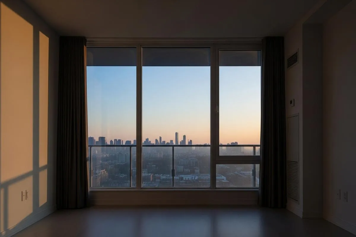 An empty, modern condo living room with a large window overlooking a city at dawn.