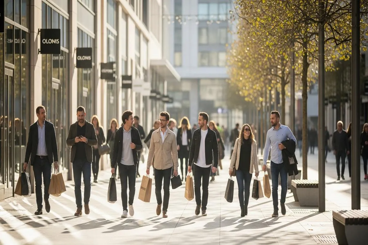 People walking down a sunny, modern street carrying shopping bags.
