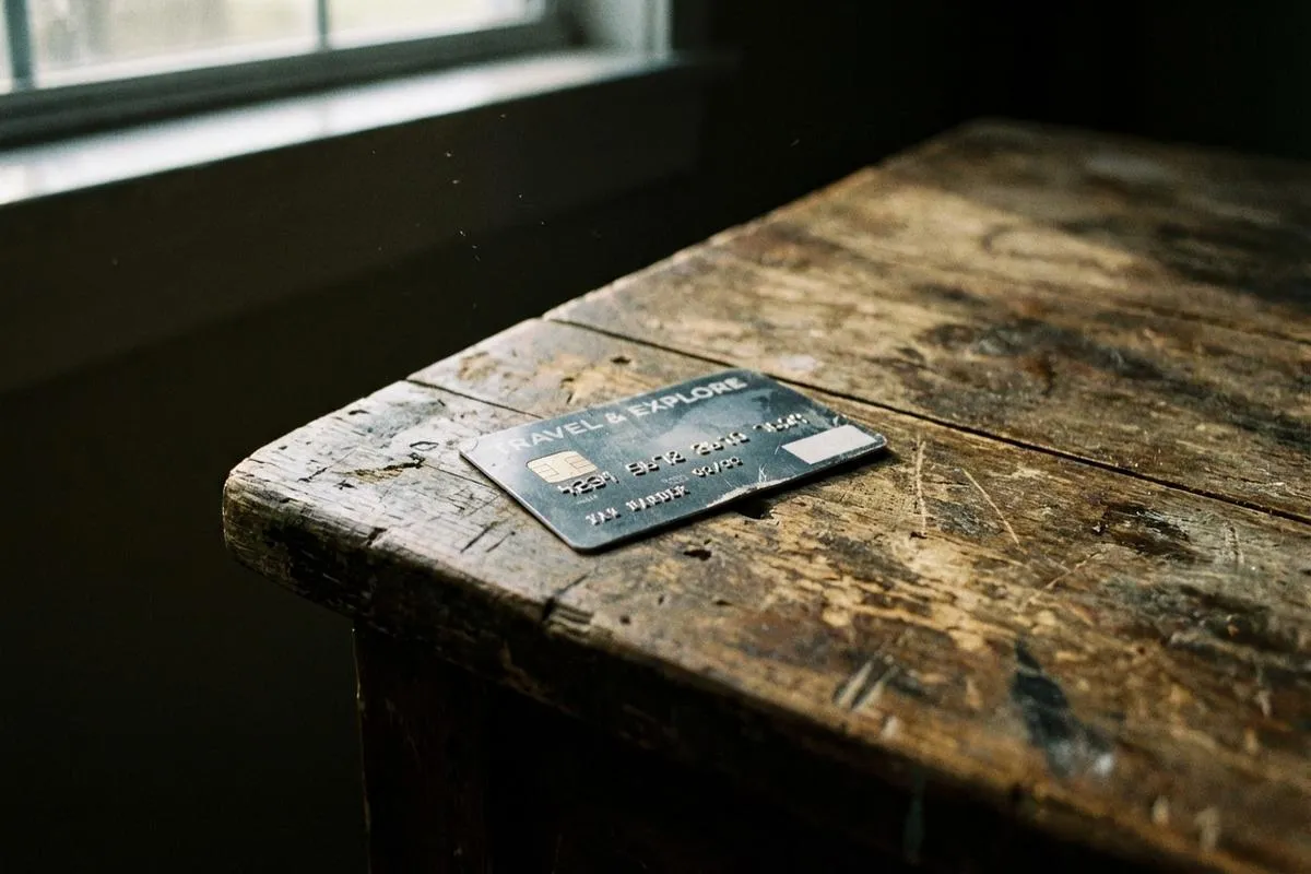 A credit card on a wooden table in dramatic lighting.