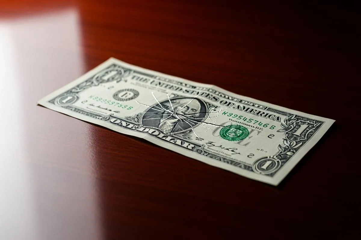 A close-up of a cracked one-dollar bill on a dark surface, symbolizing the decline of American financial power.