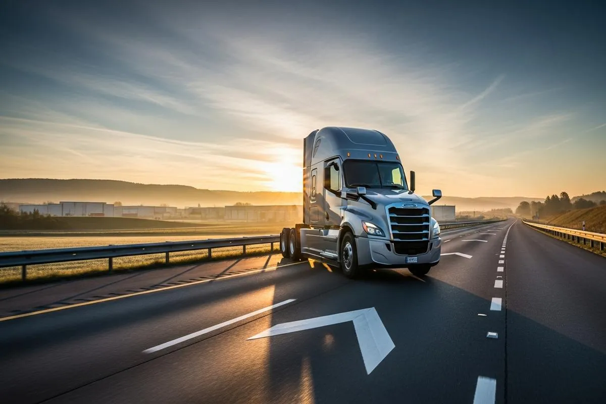 A large semi-truck on a highway during a bright sunrise, symbolizing the economy's logistics.