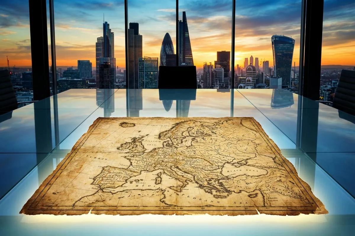 Glass table reflecting a vintage map with a modern city skyline background.
