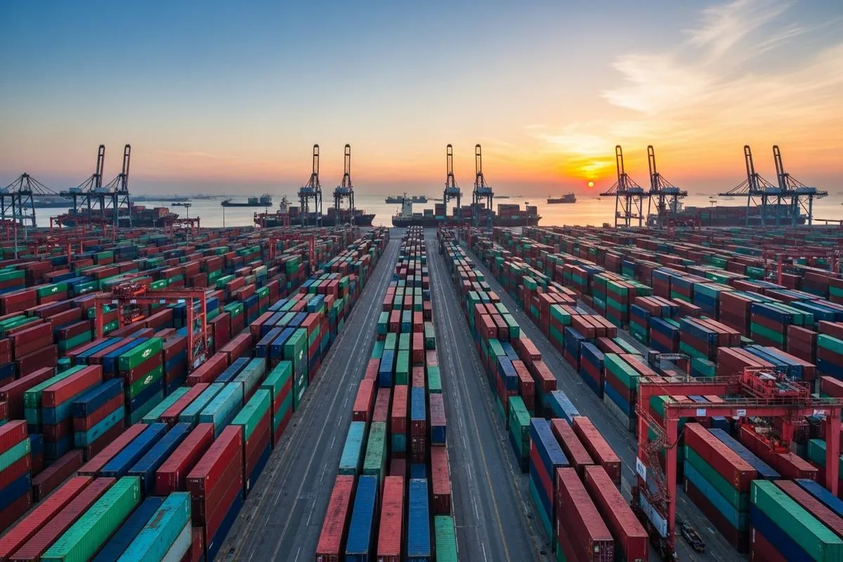 An empty container port at dawn with distant cargo ships, symbolizing global logistics.