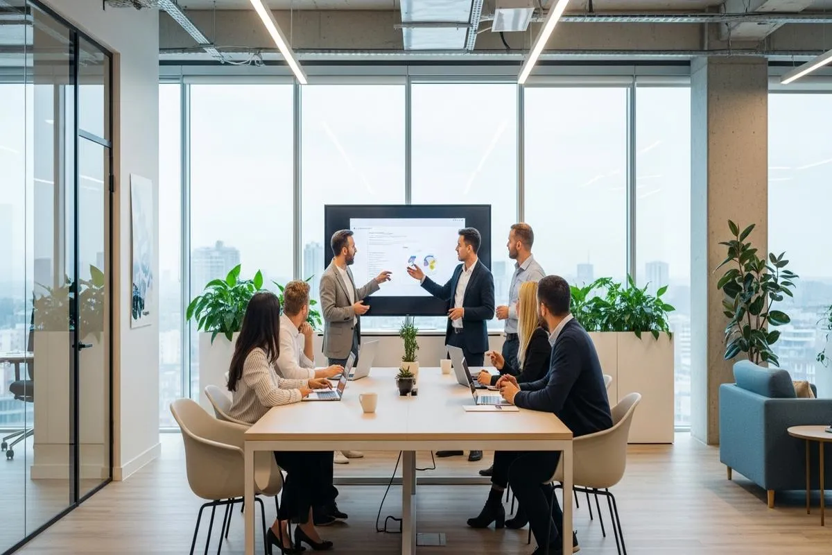 A diverse team of professionals working together in a modern, sunlit office.