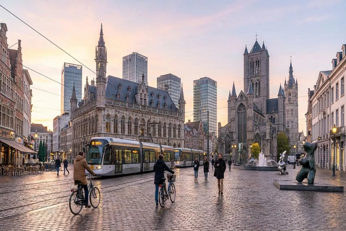 A modern European city square mixing historic and glass architecture at dawn.