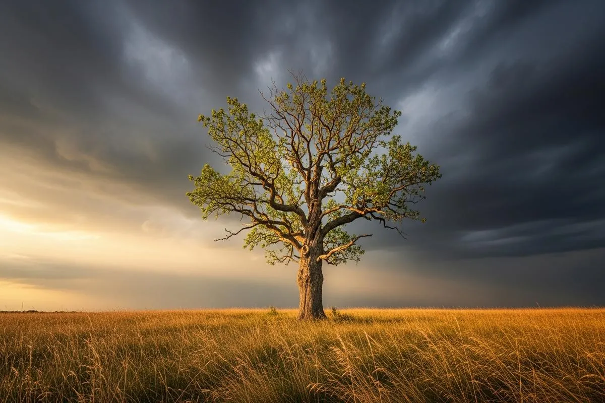 A lone resilient tree in a field after a storm, with sunlight breaking through the clouds.