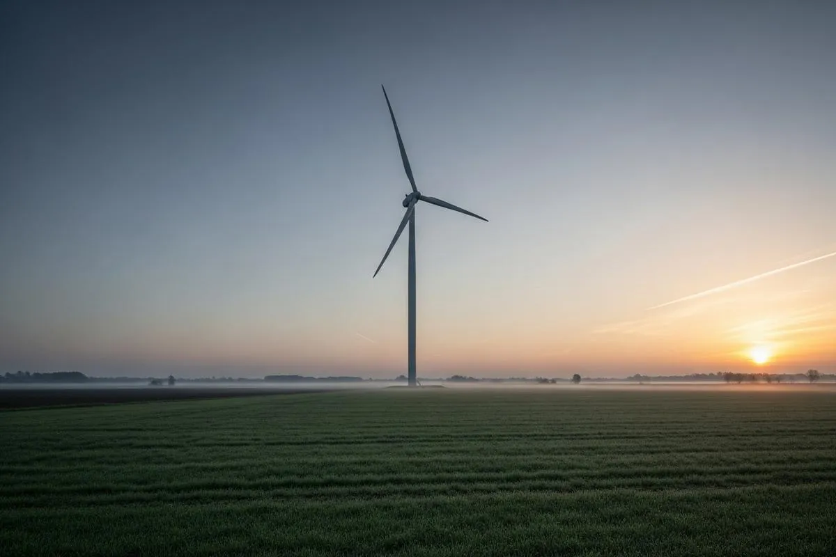 A modern wind turbine in a wide, empty field at sunrise, symbolizing isolated European technological strength.