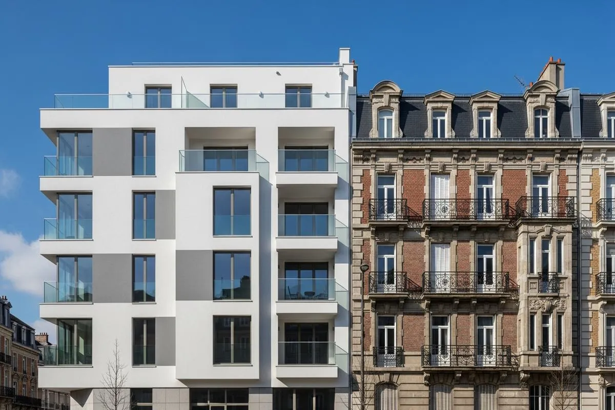 A modern apartment building stands next to a classic European building, symbolizing housing market contrasts.