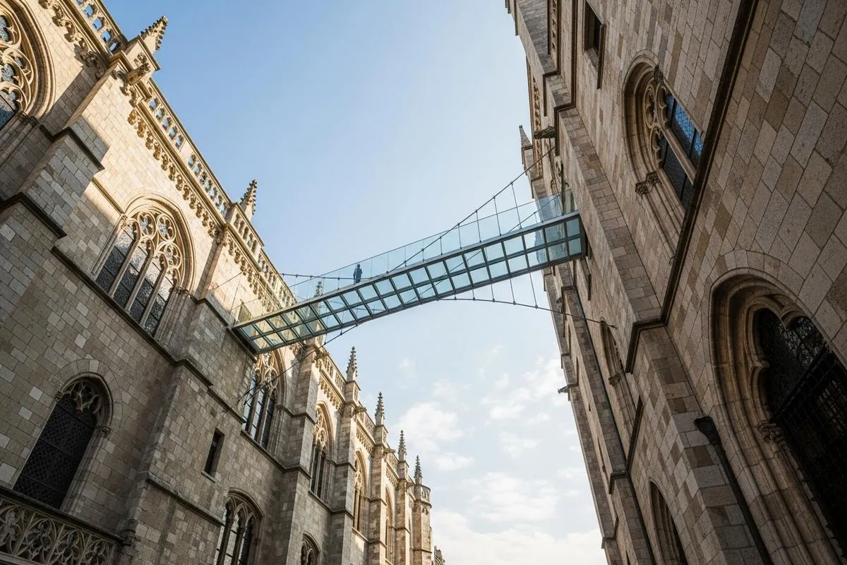 A fragile glass bridge connecting two traditional European stone buildings.