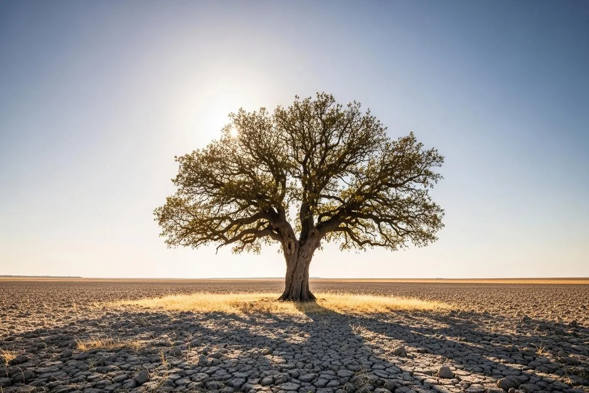 A solitary oak tree in a dry field, symbolizing resilience in a harsh economic climate.