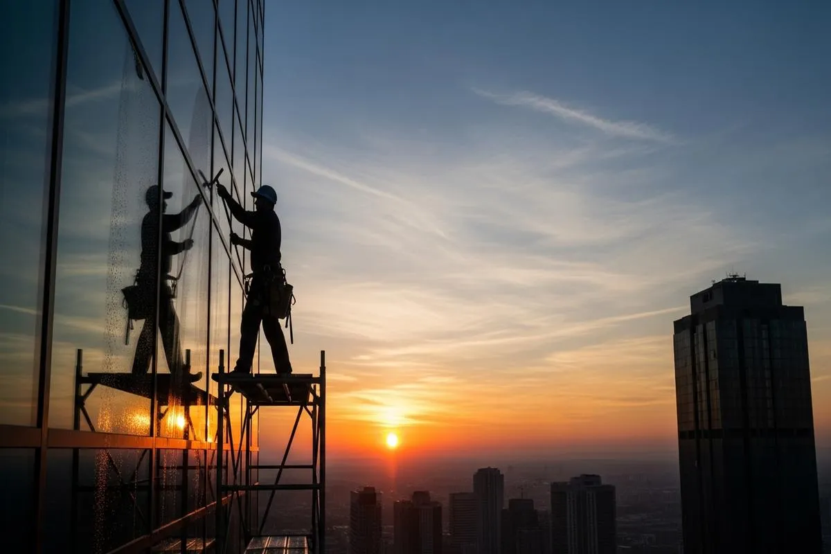 A window washer on a skyscraper at sunrise, cleaning the building's exterior.