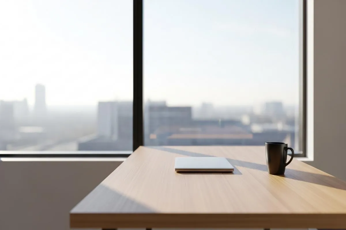 A clean wooden desk with a laptop and coffee mug, illuminated by bright morning sunlight from a large window overlooking a city.