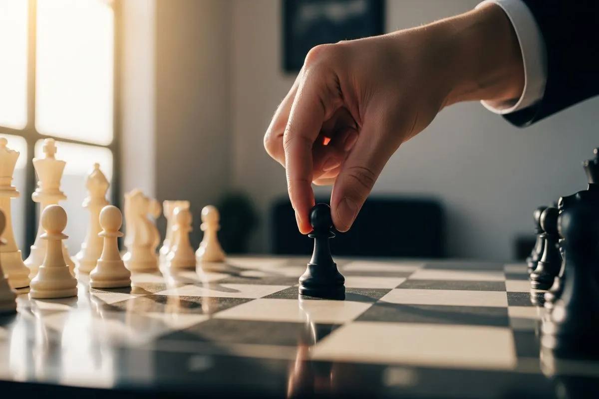 A steady hand placing a chess piece on a board, representing strategic financial policy.