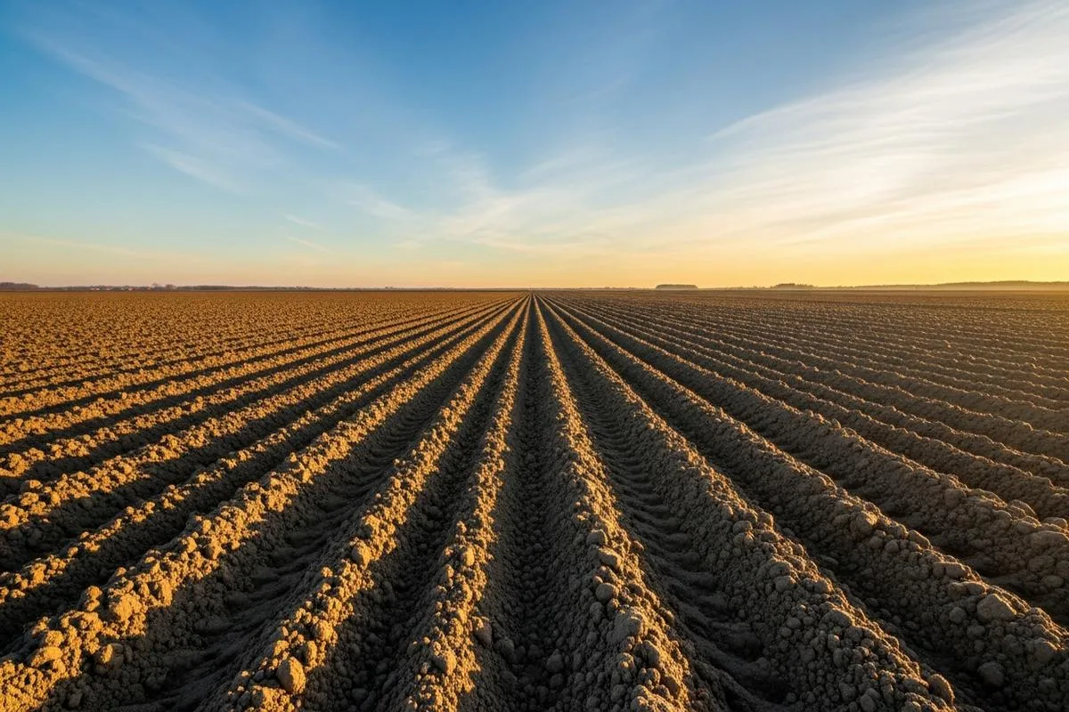A low-angle view of a plowed farm field at sunrise, with long furrows stretching towards the horizon.