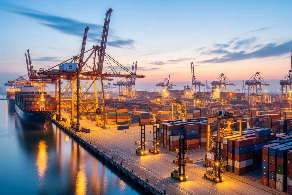 A bustling container ship port at sunrise, with massive cranes loading and unloading cargo, symbolizing global trade and logistics.