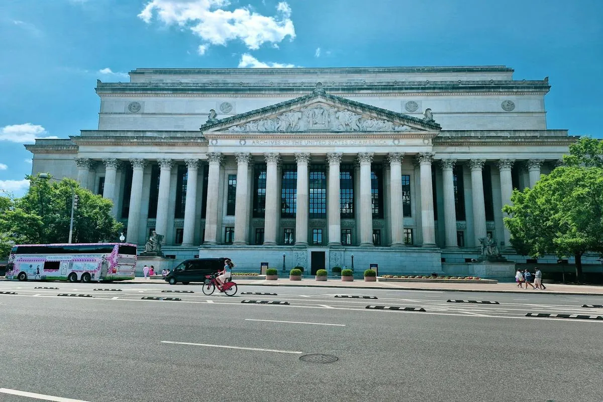The US Treasury building in Washington DC under overcast sky
