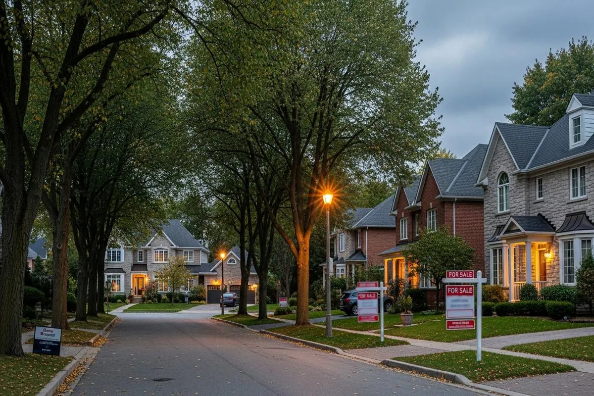 A suburban street with multiple for sale signs, conveying a sense of a stalled real estate market.