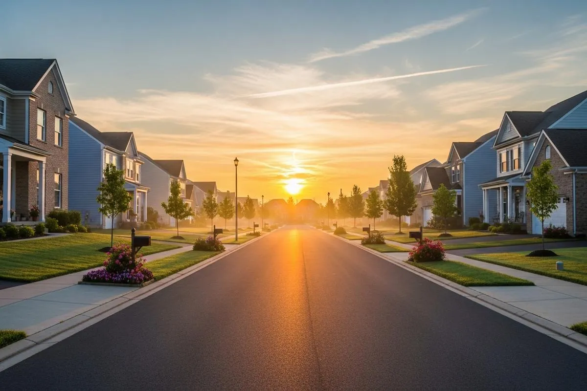 A quiet, sunlit suburban street with houses and neat lawns in the early morning.