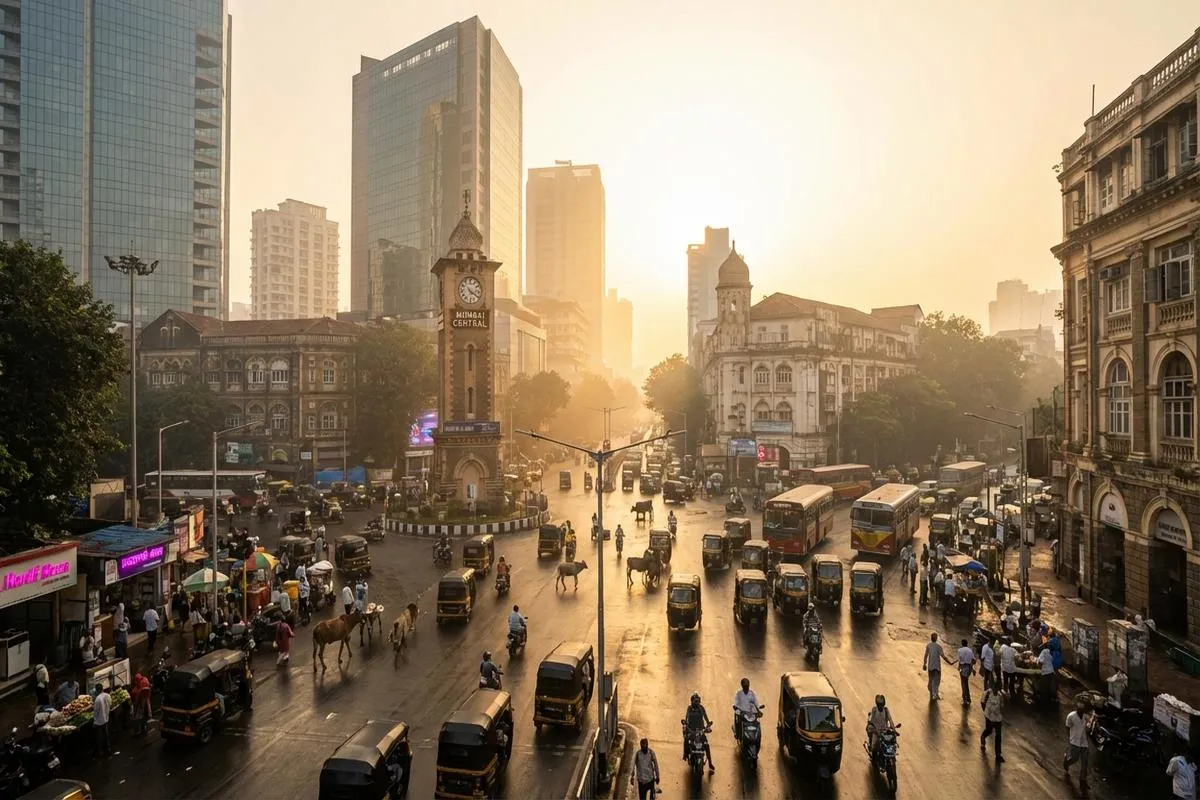 A busy Indian intersection showing the contrast between modern architecture and street-level chaos.