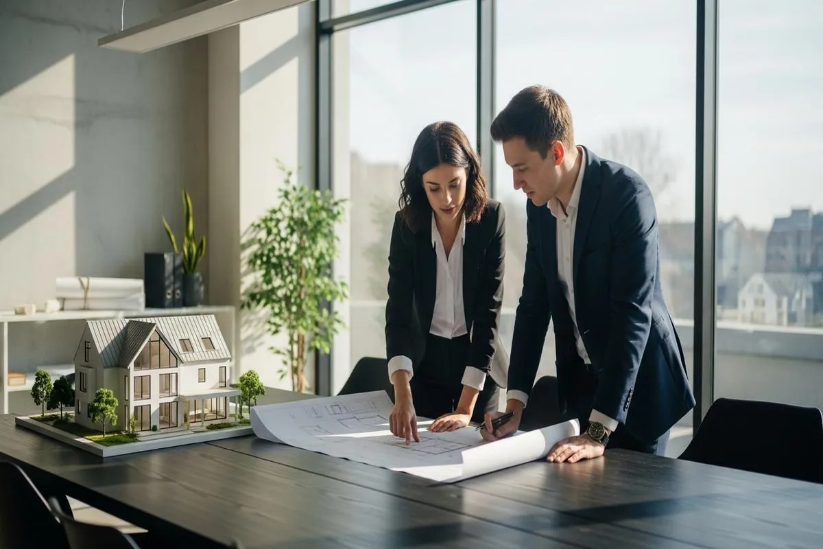 A young couple in a sunlit room reviews architectural blueprints and a house model, planning their future home.