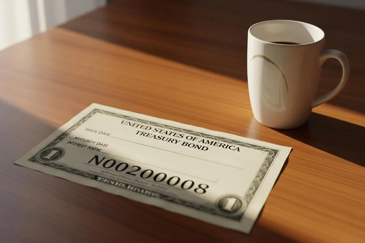 A government bond certificate on a sunlit wooden desk next to a coffee mug, representing personal finance and investment.