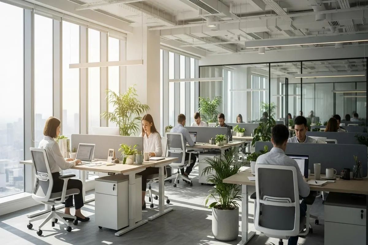 A quiet, modern office with employees working diligently at their desks in the afternoon sun.