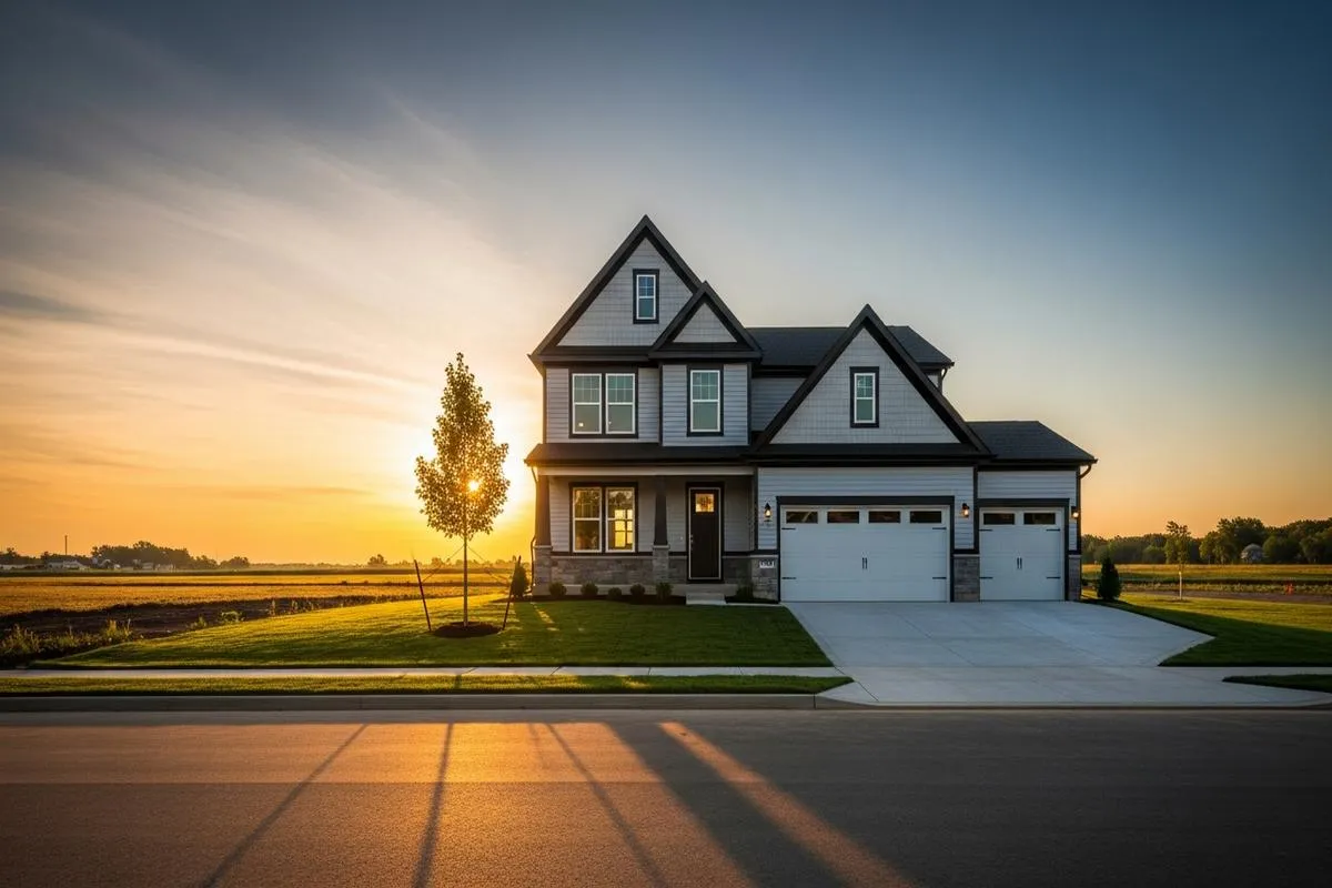 A newly constructed suburban house sits alone on an empty street during a quiet sunrise.