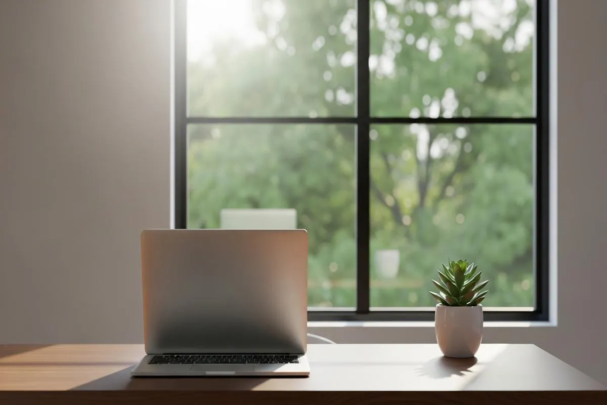 A sunlit home office with a laptop on a wooden desk and a window view of trees.
