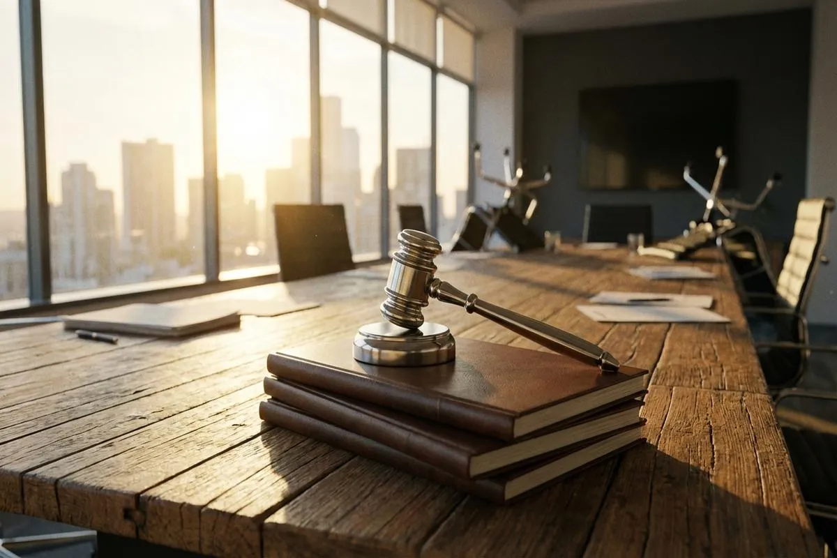 A gavel resting on financial ledgers on a boardroom table at sunrise.