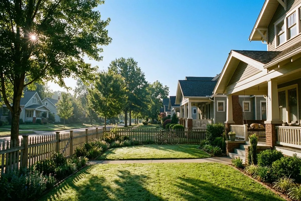 A peaceful, sunlit suburban street scene with manicured lawns and empty sidewalks.