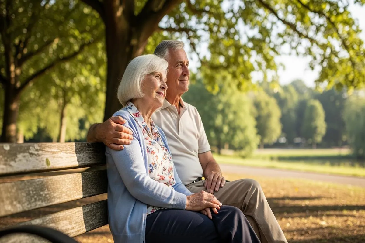 An elderly couple sits peacefully on a park bench in the morning sun.