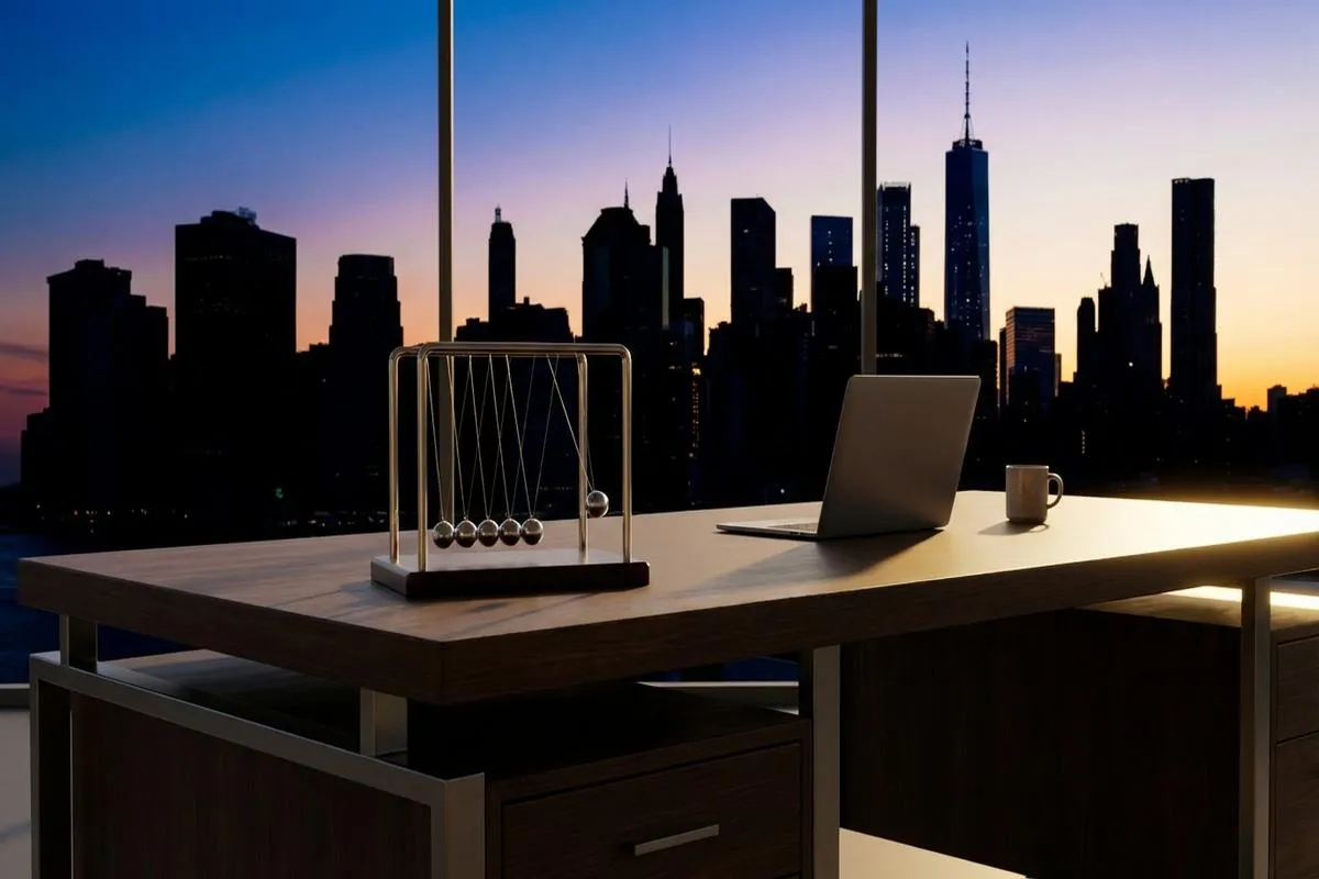 A Newton's cradle on a desk symbolizing market momentum and physics.