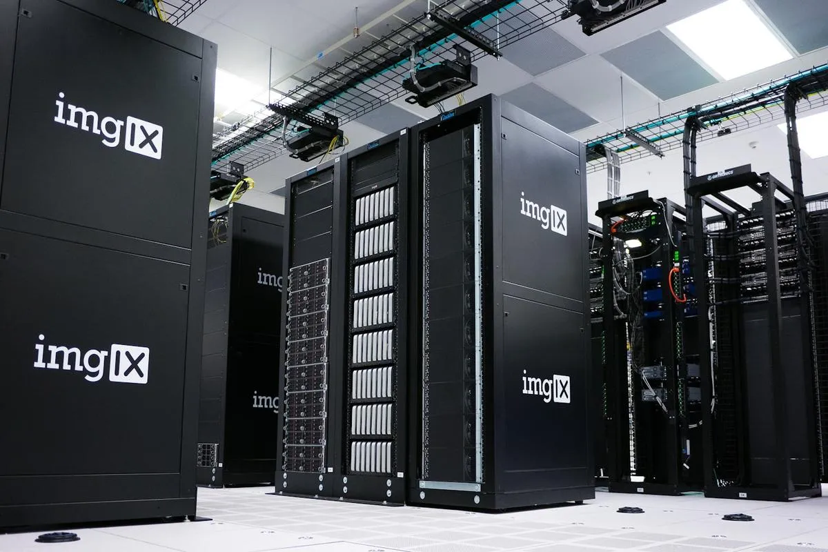 Rows of servers in a data center with blinking lights