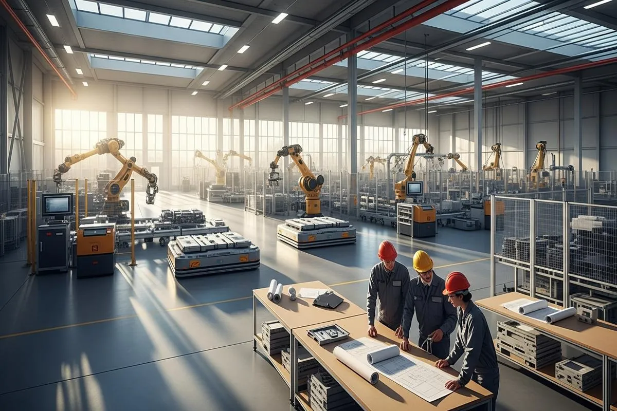 A modern, highly automated factory floor with natural light and engineers looking at blueprints.