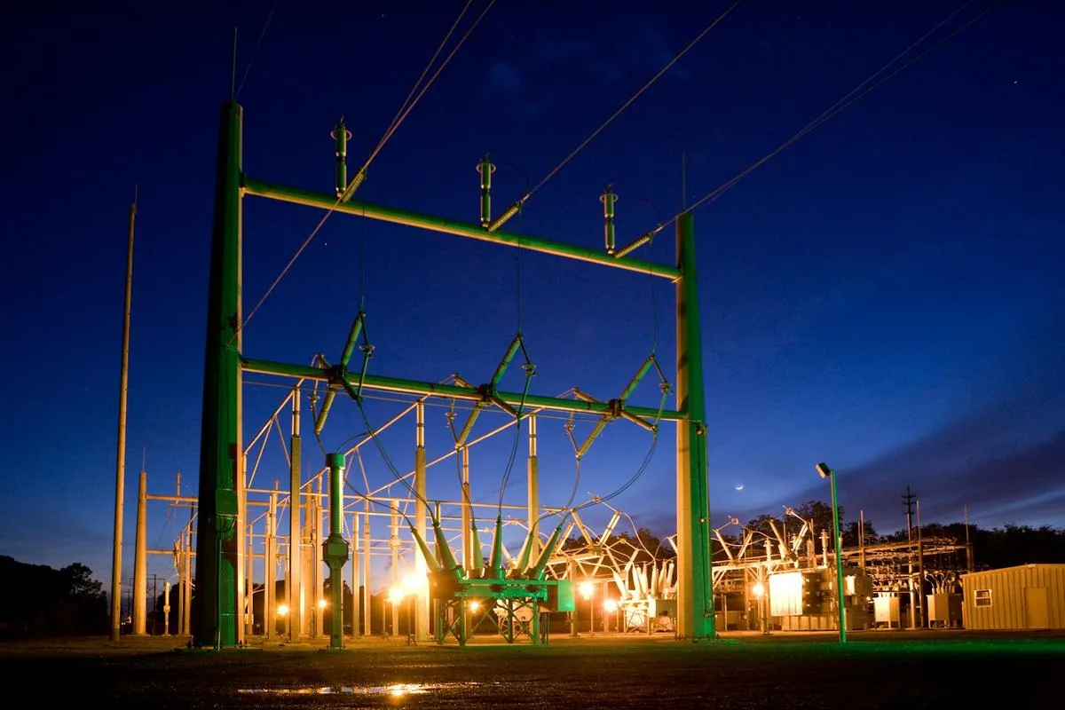 High-voltage transformers at an electrical substation