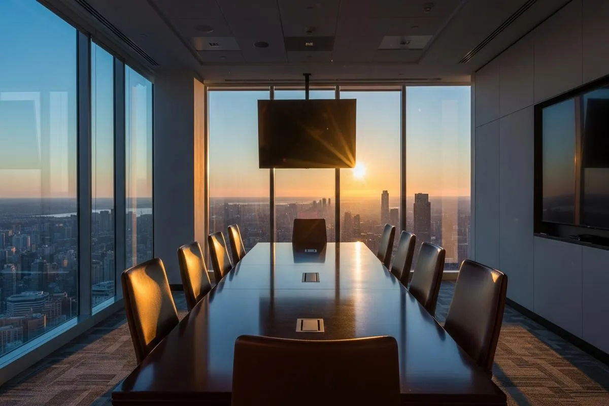An empty, sunlit corporate boardroom with large windows looking out over a city skyline.